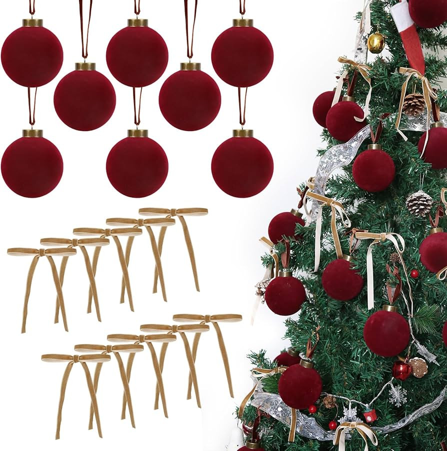 15 PCS Red Velvet Ornaments Christmas Balls 3.15" Wine Red Flocked Christmas Ornaments with 10 PC... | Amazon (US)