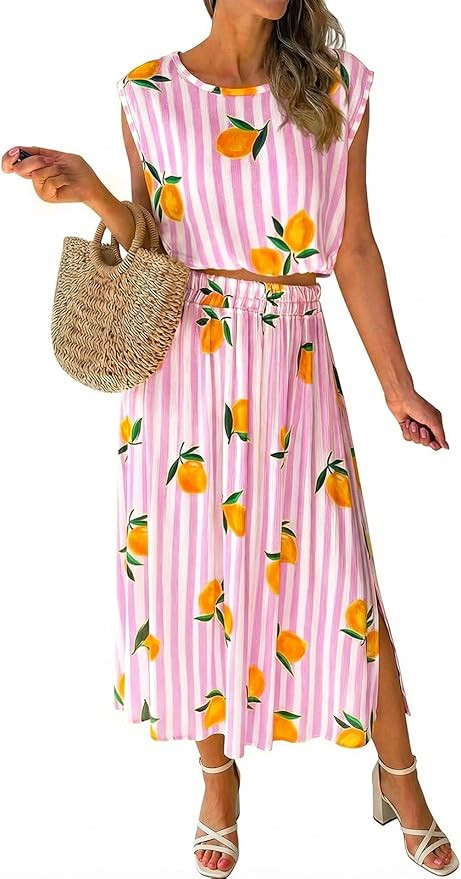 Tankaneo Womens Striped 2 Piece Skirt Sets Summer Lemon Print Sleeveless Tank Tops Maxi Dress Bea... | Amazon (US)