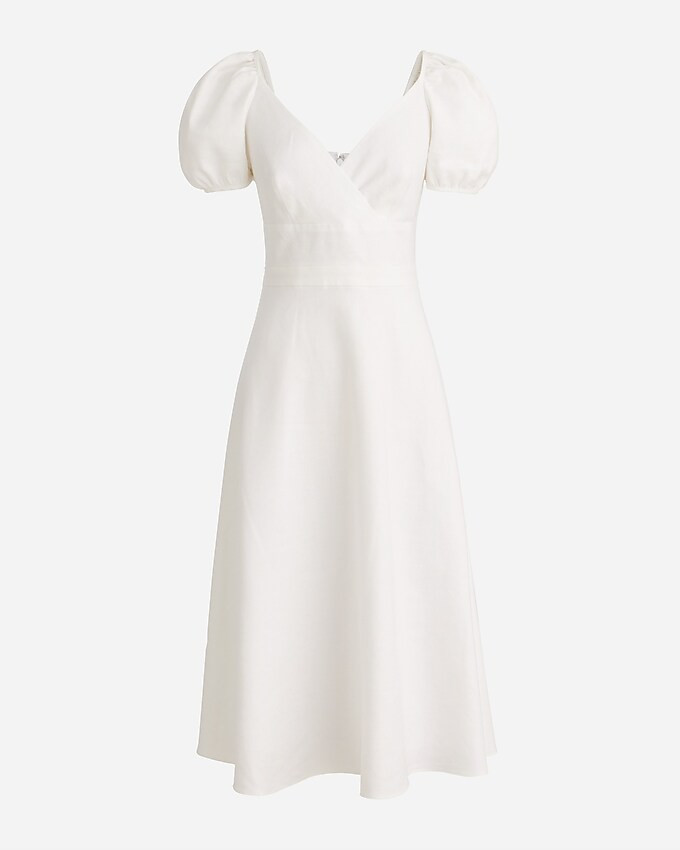Puff-sleeve V-neck midi dress in stretch linen | J. Crew US
