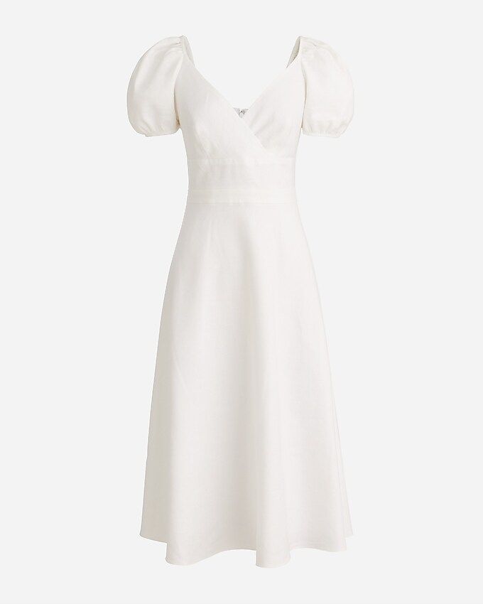 Puff-sleeve V-neck midi dress in stretch linen | J.Crew US