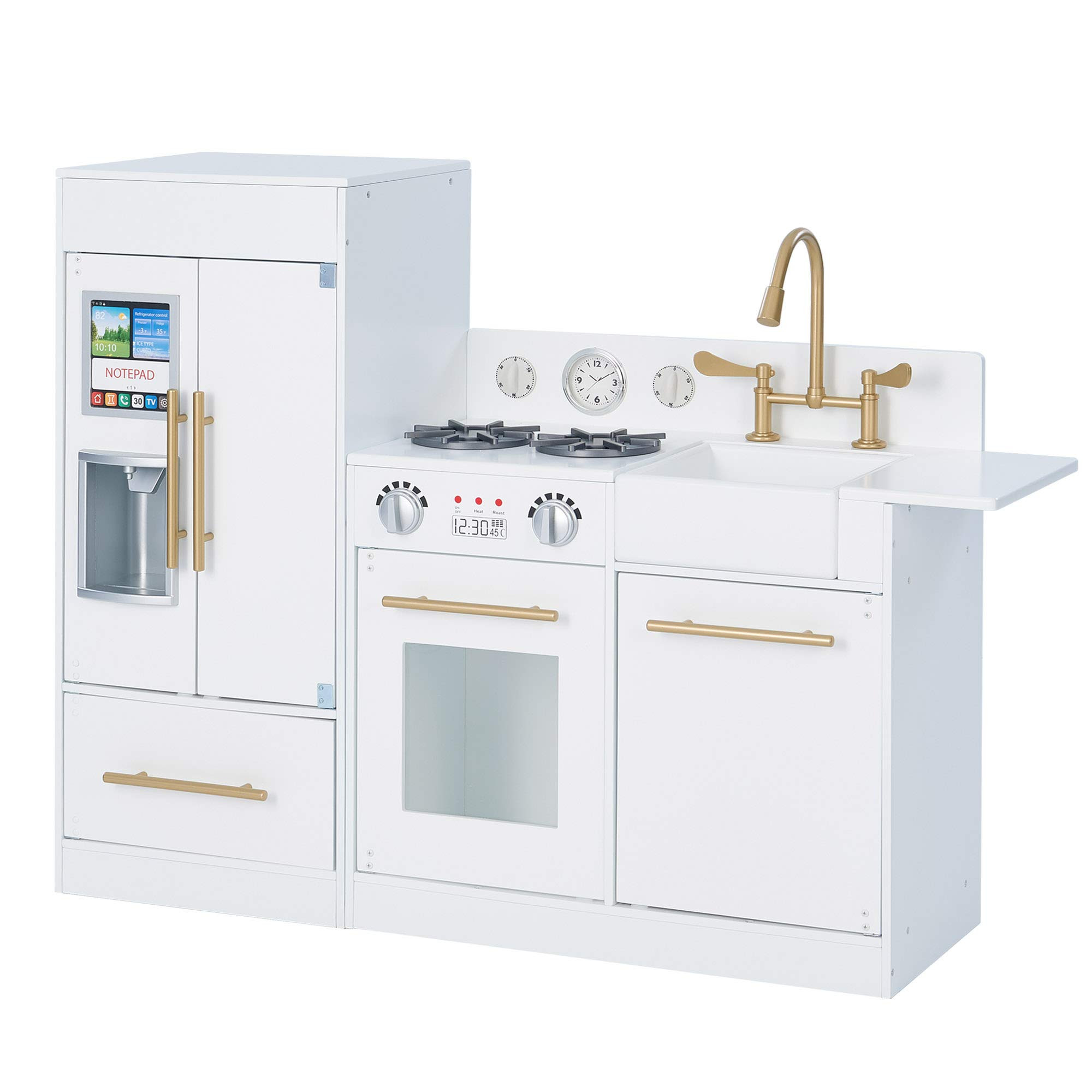 Teamson Kids Little Chef Charlotte Modern Modular Interactive Wooden Play Kitchen with Refrigerator, Stove and Sink in White with Gold Finishes | Amazon (US)