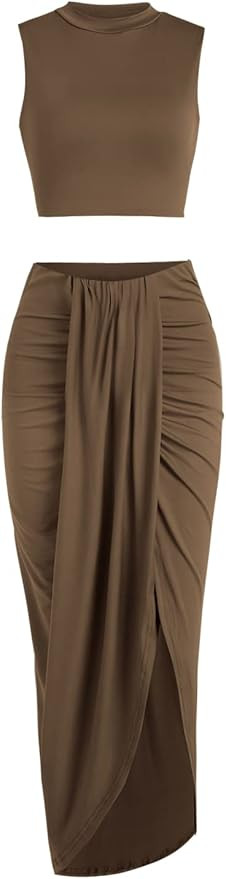 ZAFUL Women's Casual Sleeveless Summer Two Piece Outfits Crop Top and Side Split Draped Ruched Ma... | Amazon (US)