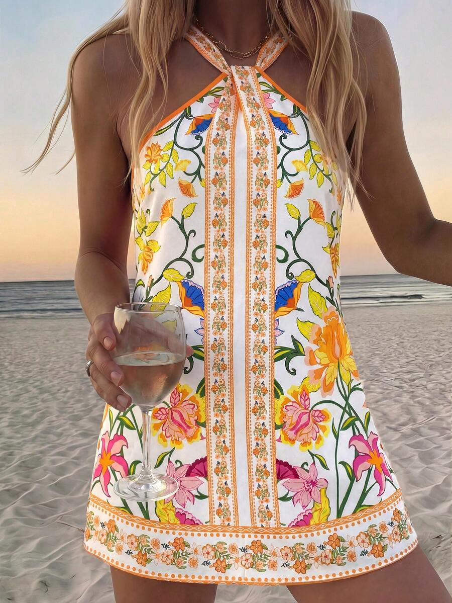 Vivid Eden Vacation Casual Tropical Floral Print A-Line Sleeveless Dress For Women Vacation White... | SHEIN
