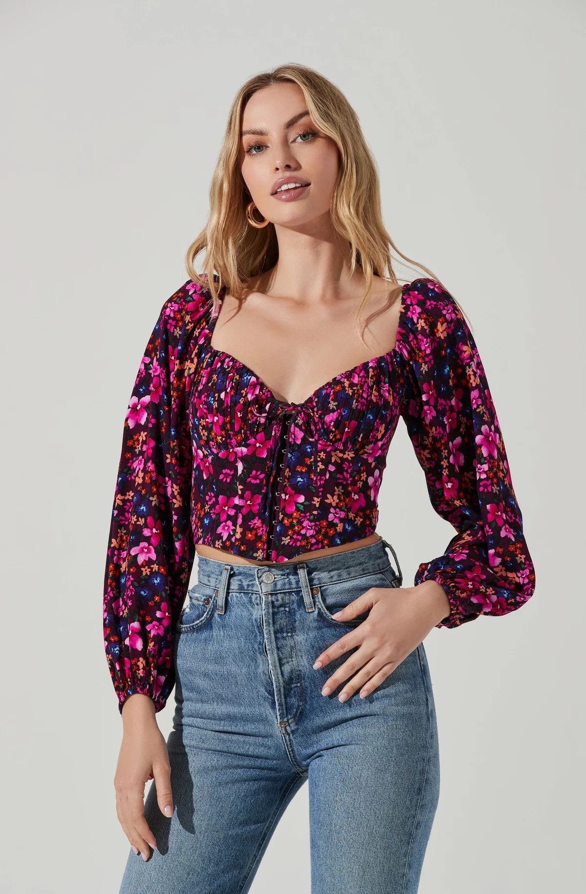 Edwina Floral Corset Long Sleeve Top - Purple multi / M | ASTR The Label (US)