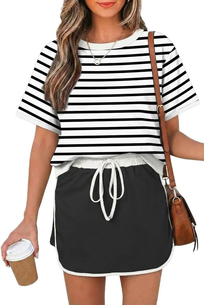 Womens 2 Piece Skort Set 2026 Color Block Short Sleeve Top Drawstring Skort Matching Sets Casual ... | Amazon (US)