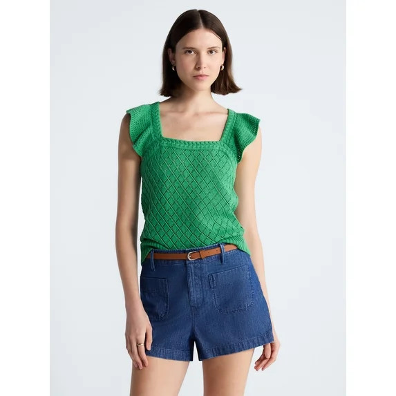 Free Assembly Women's and Women's Plus Square Neck Cotton Sweater with Flutter Sleeves, Sizes XS-... | Walmart (US)