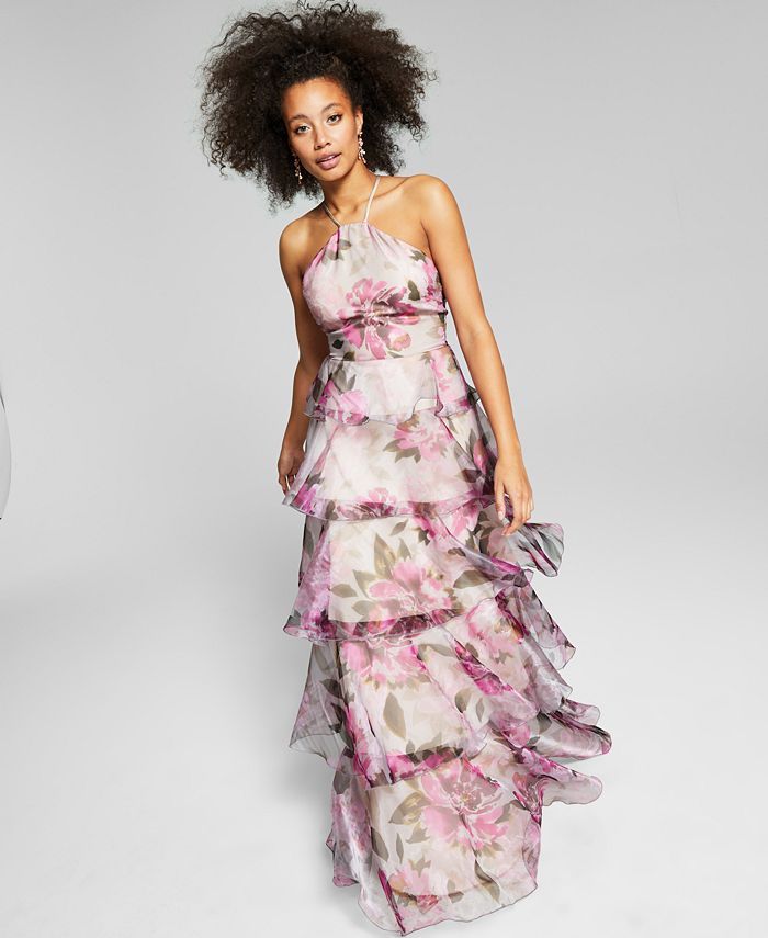 Juniors' Organza Floral-Print Tiered Halter Dress, Created for Macy's | Macys (US)