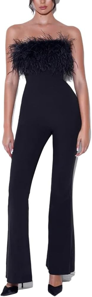 Wuitrie Black Jumpsuit for Women Fitted Strapless Fashion Patchwork Feather Wide-Leg Jumpsuits | Amazon (US)