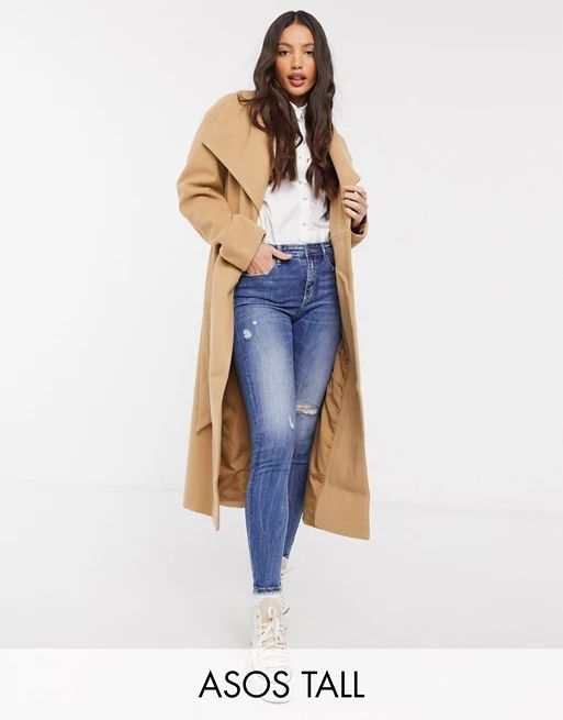 ASOS DESIGN Tall longline belted skater coat in camel | ASOS (Global)