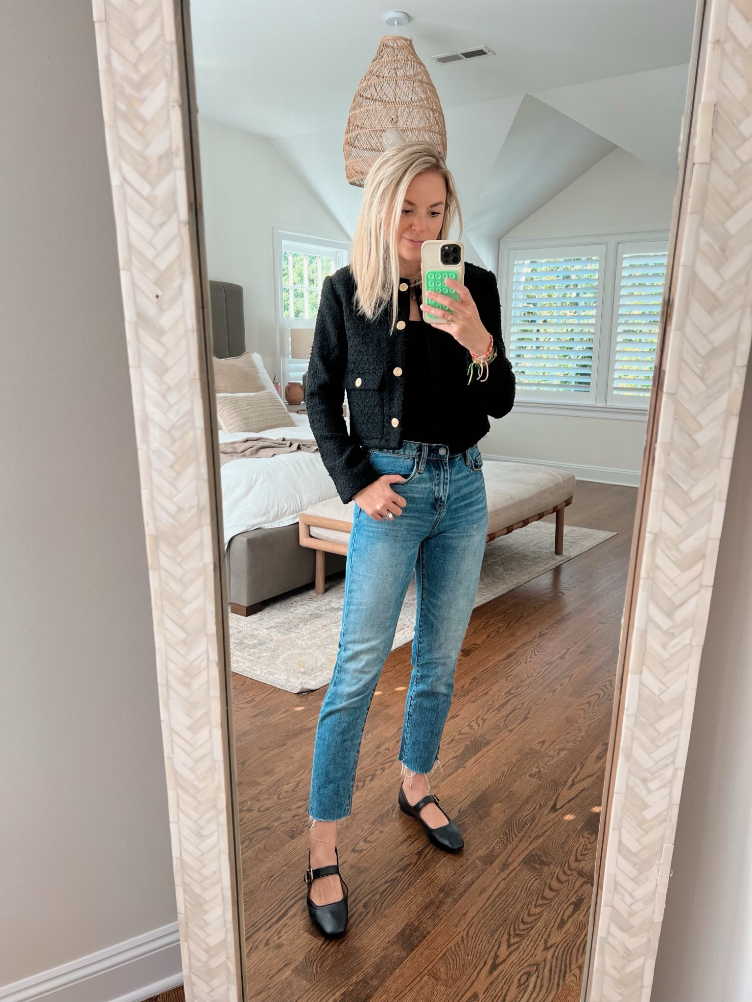 Women’s tweed jacket 20% off & comes in 3 colors. Wearing size XS 
•bodysuit, size small 
•jeans old blank nyc Madison crop
•Mary Jane ballet flats, tts 

fall outfit, fall style, fall shoes 

#LTKstyletip #LTKSale #LTKSeasonal