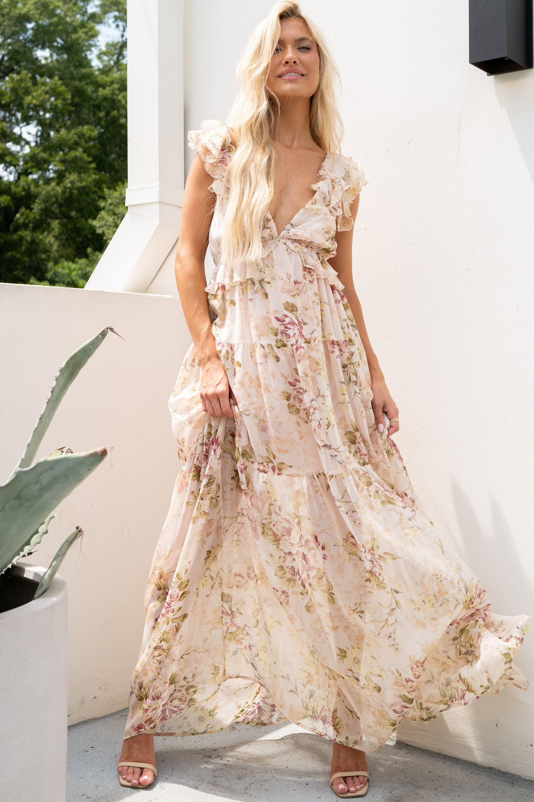 Wonderful Wishes Sand Floral Print Maxi Dress | Red Dress 