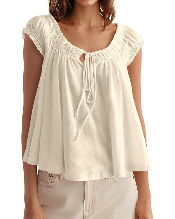 Tankaneo Women Summer Tie Front Tank Tops Cap Sleeve Pleated Babydoll Tops Casual Loose Fit Going... | Amazon (US)