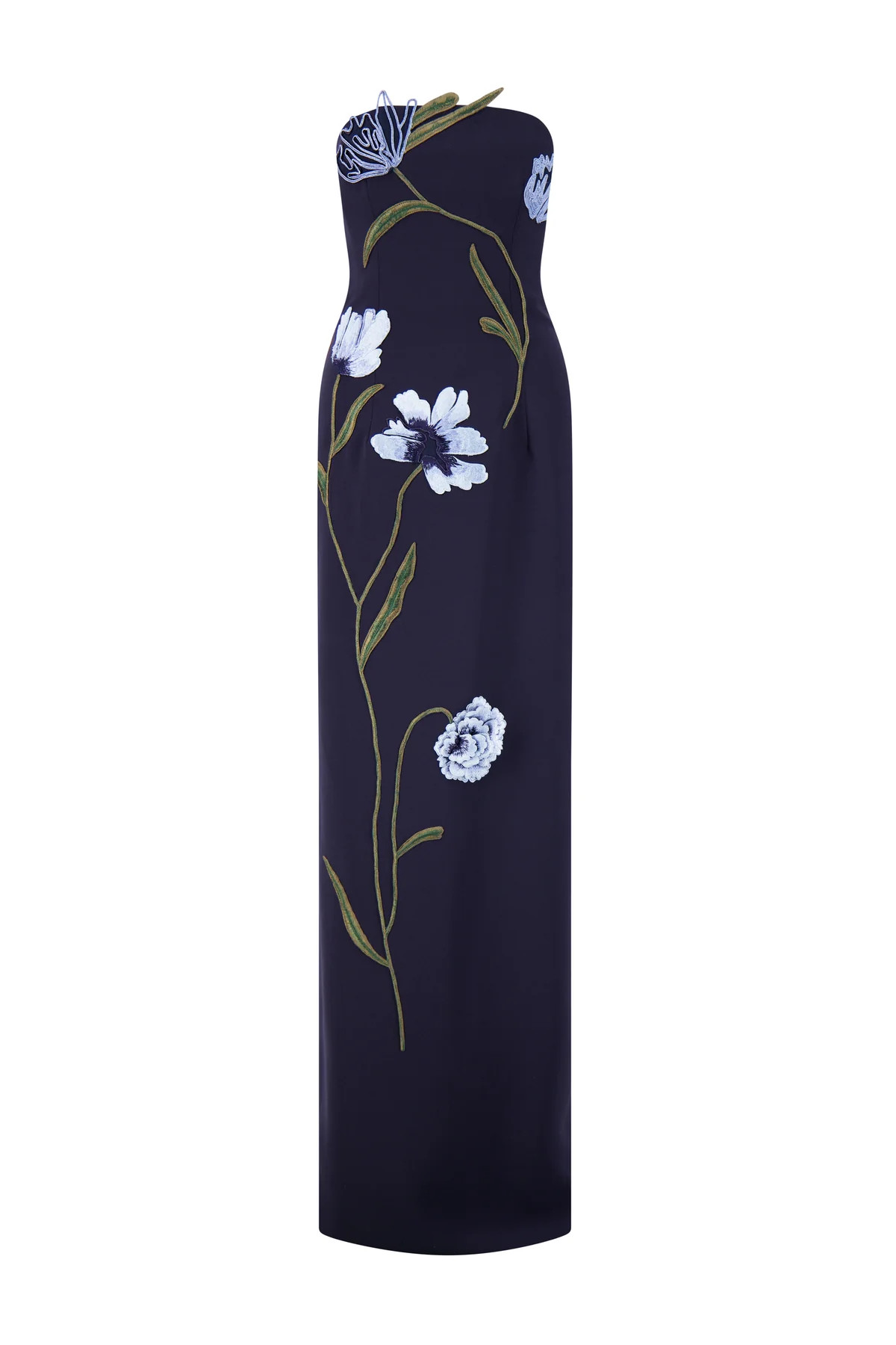 Floral Cord Embroidered Fluid Crepe Strapless Gown in Navy & Blue | Over The Moon