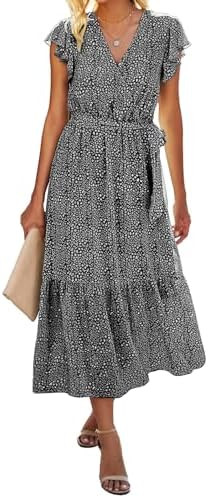 BTFBM Women Summer Bohemian Floral Casual Wrap V Neck Ruffle Cap Sleeveless Belt A-Line Pleated H... | Amazon (US)