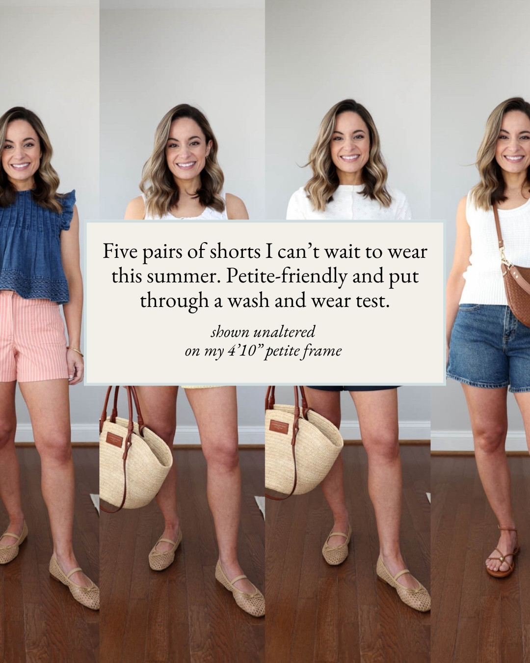 Five pairs of shorts I can’t wait to wear this summer. 

Aritzia Lodge Shorts: XS | 5" inseam
Cardigan (Old Navy): Petite XS

J.Crew Chino Shorts: 24 | 4" inseam 
Denim Top (Anthropologie): XXS

Abercrombie Dad Shorts: 25 in white and medium wash | 5" inseam 
Red Top (Abercrombie) XS
White Sweater Tank Top (Quince): XS

Abercrombie Cotton Shorts: XXS | 3" inseam
White Top (Abercrombie): XXS

Flats (J.Crew Factory) true to size
Sandals (Dolce Vita) true to size)

I’m 4’10”, and my bust, waist, and hip measurements are 32″, 24″, and 36″. My ankle inseam is 25". 

 

#LTKPetite