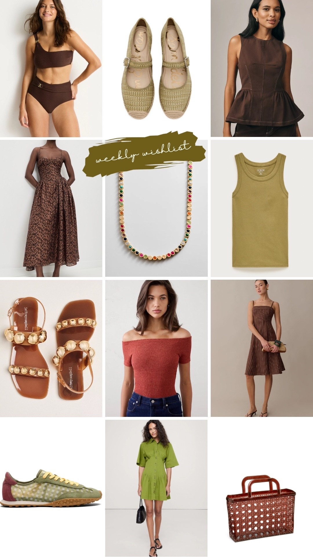 Weekly wishlist, olive, lime, chartreuse, jelly sandals, brown linen dress, wedding guest dress, beaded necklace, true autumn, soft autumn, dark autumn, off the should top, midsize, 40s, mom outfits, swim suit, mom swim, off the shoulder swim, size 8

#LTKTravel #LTKmomlife #LTKMidsize