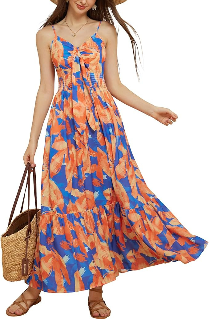 GRACE KARIN Women's 2024 Summer Beach Dress Floral V Neck Tie Front Spaghetti Strap Flowy Long Dr... | Amazon (US)