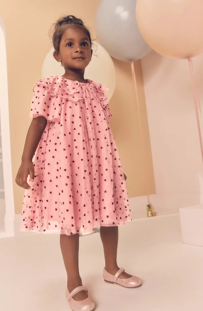 Kids' Heart Print Flutter Sleeve Tulle Dress | Nordstrom