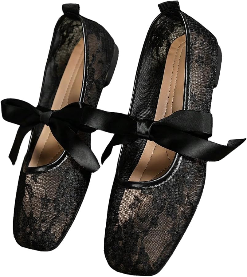 GORGLITTER Women's Floral Lace Mesh Ballet Flats Comfortable Dressy Square Closed Toe Bow Balleri... | Amazon (US)