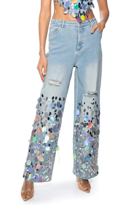 A GIRL NAMED LUCKY EMBELLISHED WIDE LEG RIPPED JEANS | AKIRA
