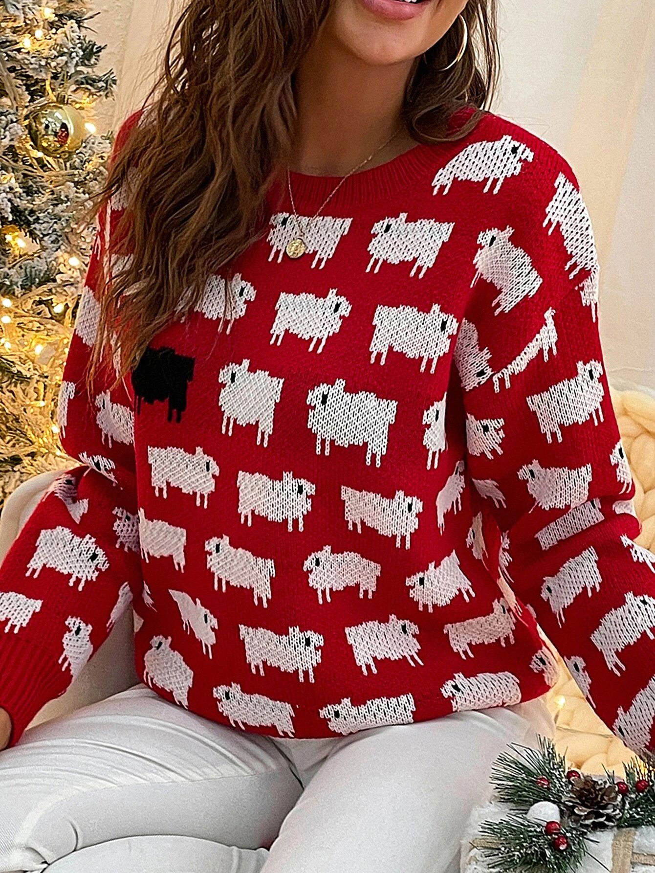 Drop Shoulder Allover Sheep Pattern Colorblock Sweater | SHEIN
