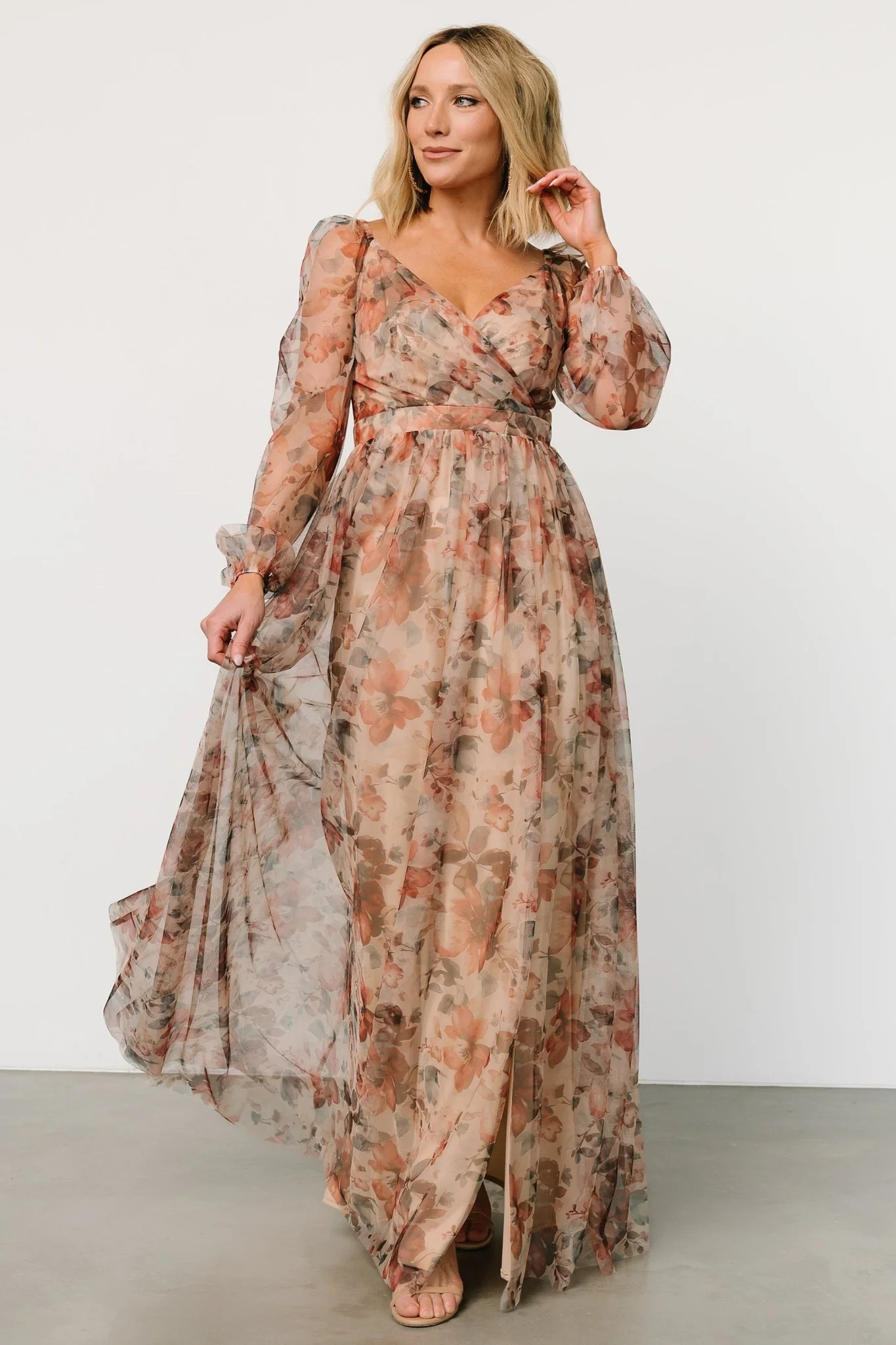 Desiree Tulle Maxi Dress | Taupe Floral | Baltic Born