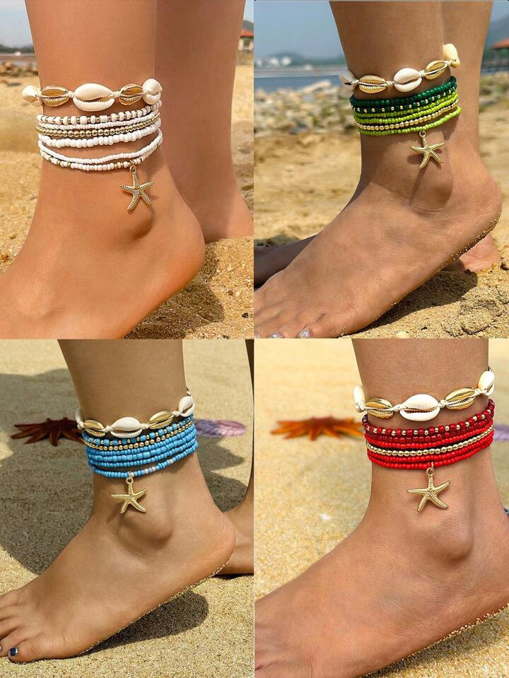 7pcs/set Simple Alloy Beaded Starfish Braided Shell Rope Anklets For Women, Best Gift For Dating | SHEIN