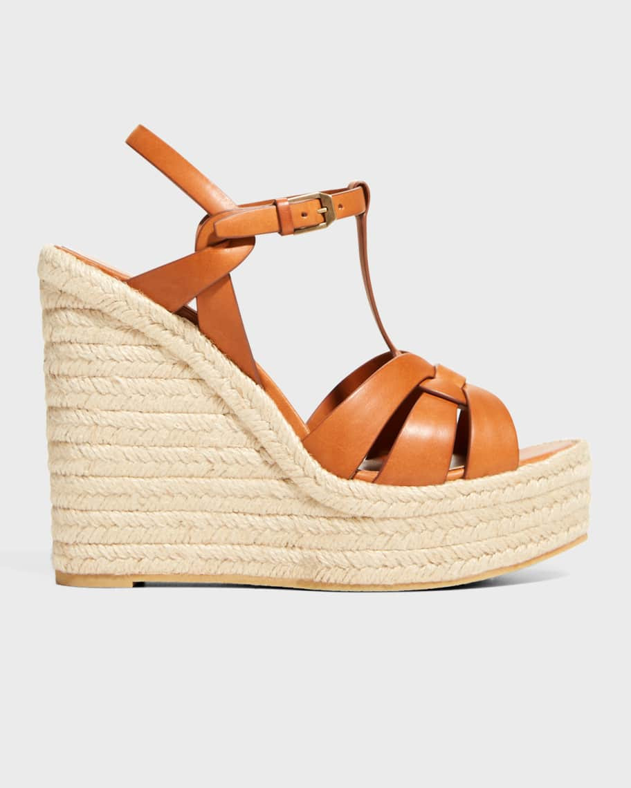 Saint Laurent Calfskin T-Strap Espadrille Platform Sandals | Neiman Marcus
