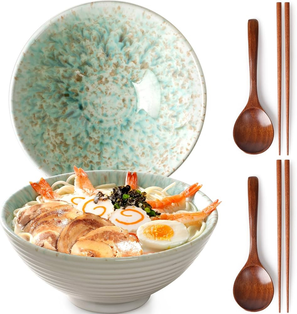 NUTRIUPS 8 Inch Ceramic Ramen Bowl Set of 2 Pho Bowls 40oz Japanese Noodle Udon Soup Bowls with S... | Amazon (US)