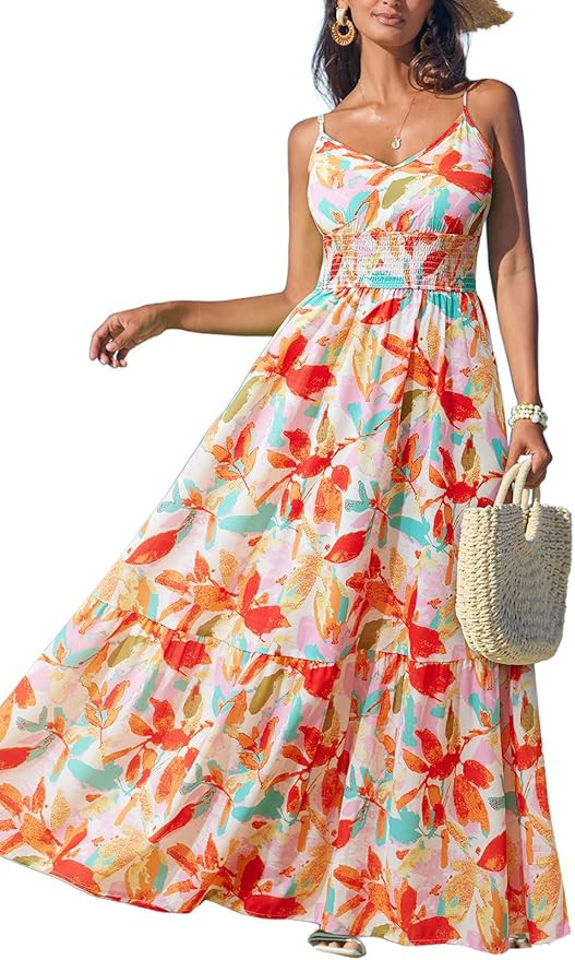 CUPSHE Women's Vacation Summer Dresses Tropical V Neck Elastic Waist Sleeveless Spaghetti Strap S... | Amazon (US)