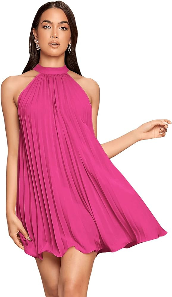 SweatyRocks Women's Casual Sleeveless Tie Back Halter Dress Mini Swing Pleated A-line Loose Dress | Amazon (US)