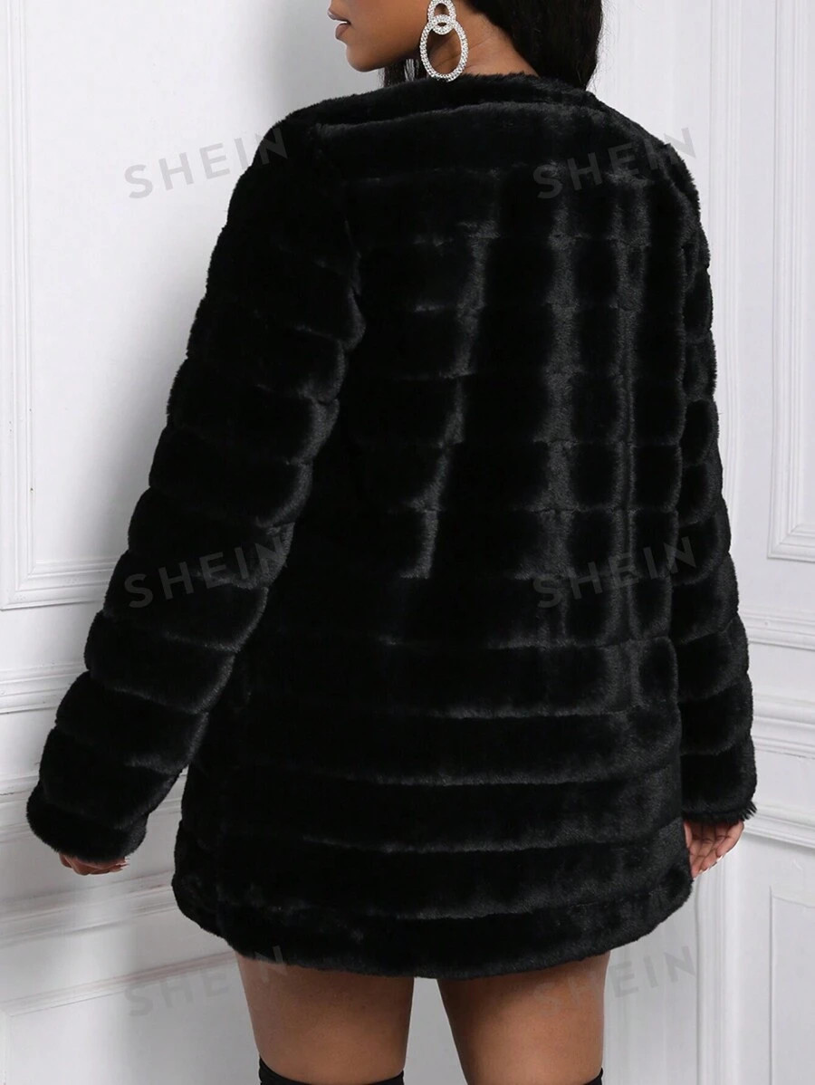 SHEIN SXY Solid Open Front Fuzzy Coat | SHEIN