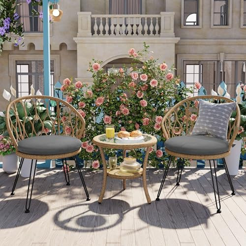 GDFStudio 3-Piece Patio Bistro Set with 2 Cushioned Rattan Chairs and Round Glass Coffee Table, Indoor Outdoor Patio Table and Chairs Set for Balcony Porch Backyard Garden Poolside, Grey+Natural | Amazon (US)