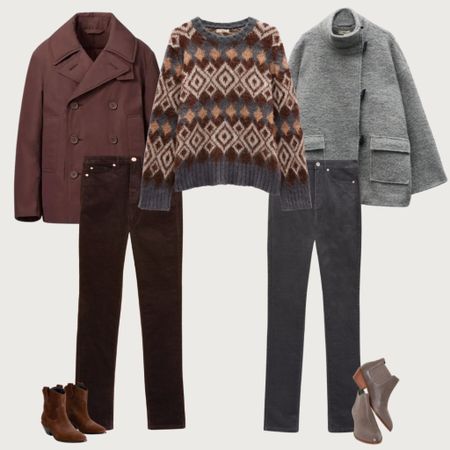 Fair isle knit in grey and brown paired with grey cords, grey coat and ankle boots or brown cords, brown coat and cowboy boots

#LTKover40 #LTKeurope #LTKSeasonal