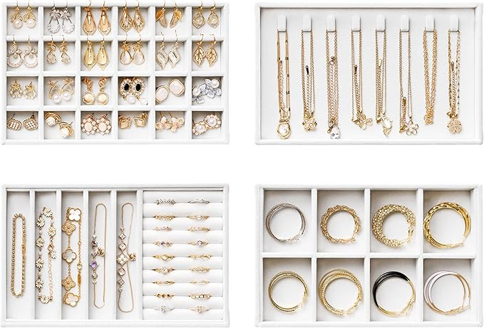 Velvet Jewelry Drawer Organizer Trays – White Stackable Jewelry Storage Inserts Set, 4-Layer Je... | Amazon (US)