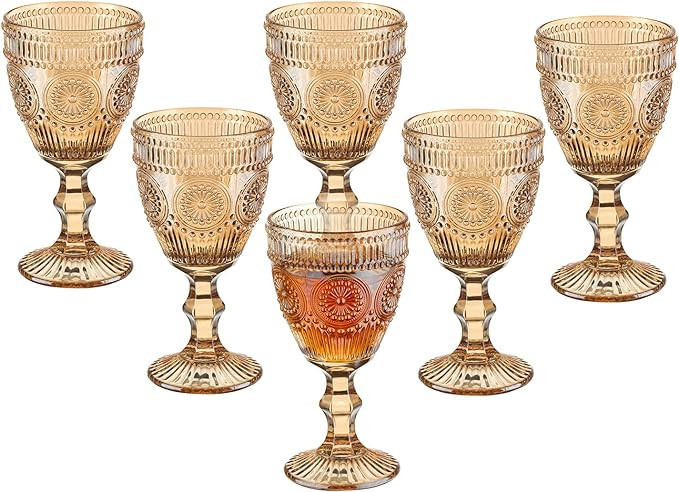Vintage Wine Glasses Set of 6, 10 Ounces Colored Glass Water Goblets, Unique Flower Embossed Patt... | Amazon (US)