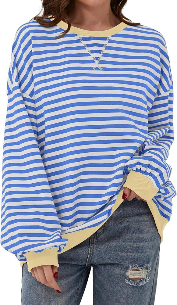 Women Oversized Striped Sweatshirt Long Sleeve Pullover Tops Crewneck Contrast Hem Shirts Vintage... | Amazon (US)