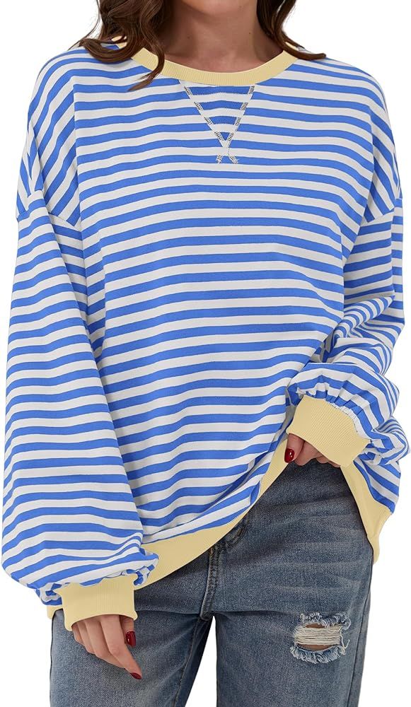 calbatic Women Oversized Striped Sweatshirt Long Sleeve Pullover Tops Crewneck Contrast Hem Shirt... | Amazon (US)