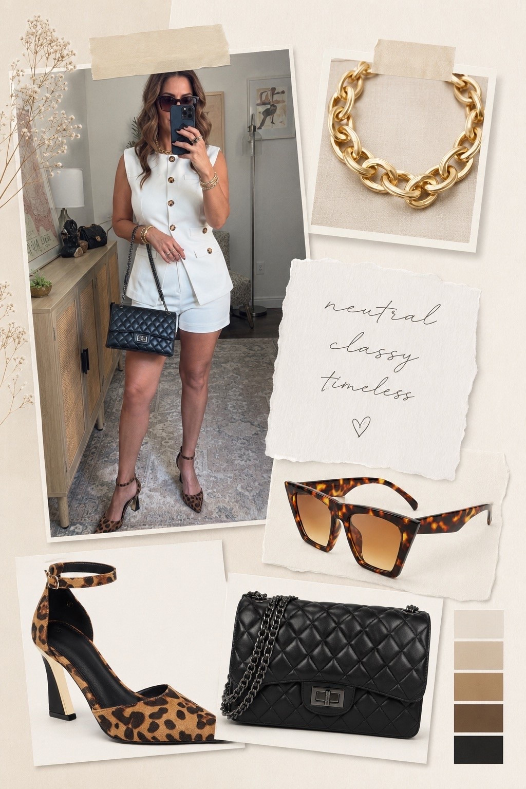 Neutral, classy, timeless. 🤍 Keeping things effortless with this monochromatic white vest and shorts set, elevated with a pop of leopard print and classic black accessories. This quilted bag and chunky gold chain are absolute staples for any wardrobe!

#LTKootd #LTKgrwm #LTKdayinmylife