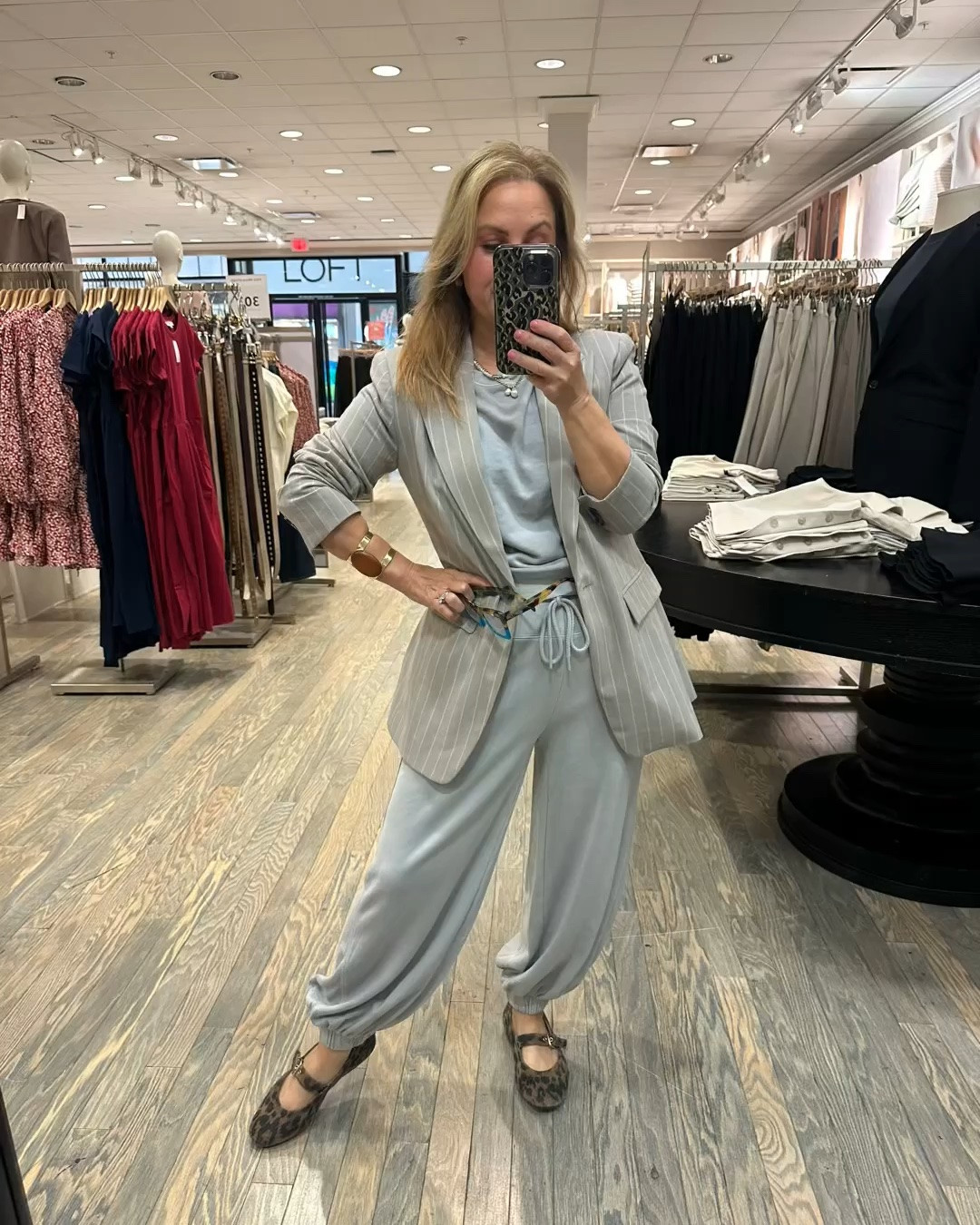 This might be one of my favorite outfits yet. 🤍

The soft Lou & Grey set is so incredibly comfortable, but adding the pinstripe blazer instantly gives it structure and makes the whole look feel polished and chic. And these leopard Mary Janes? I can wear them ALL DAY — truly some of the most comfortable shoes I own. 🐆

Comfy ✔️
Chic ✔️
Polished ✔️
Still feels like pajamas ✔️😂

Proof that you absolutely do not have to sacrifice comfort to look put together.

✨ Styled by Suzanna
Shop the look through my links! 🤎

#LTKWorkwear #LTKootd #LTKPetite