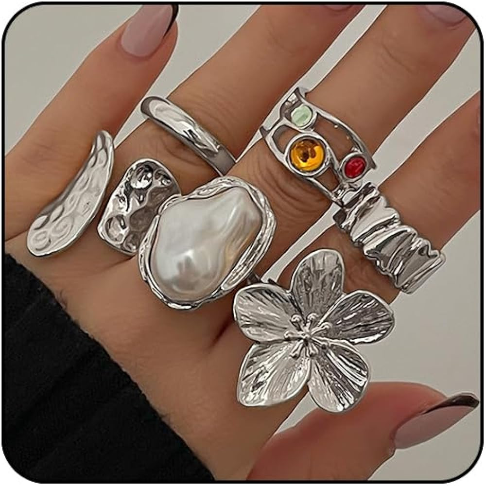 Chunky Gold Rings for Women Non Tarnish Statement Flower Ring Baroque Pearl Stackable Rings Set 6... | Amazon (US)