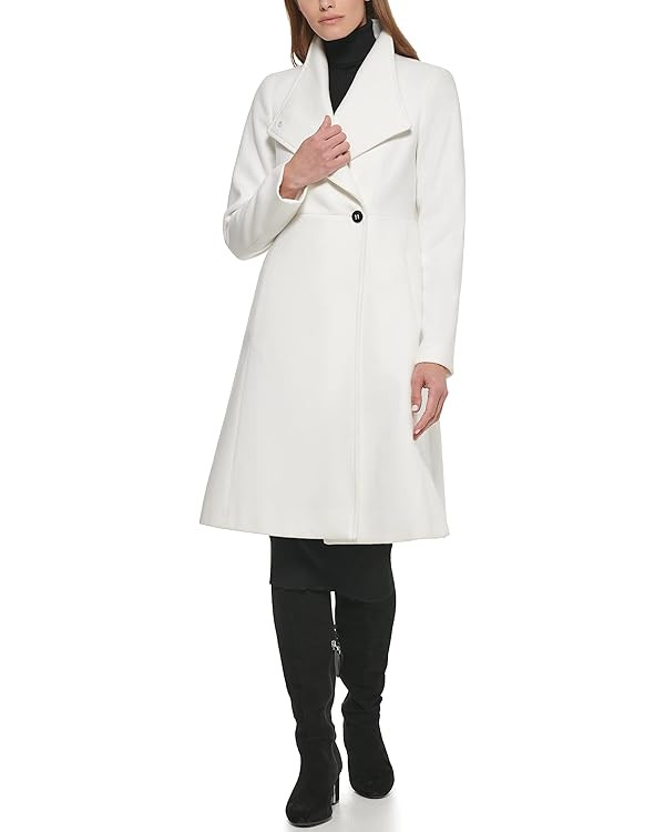 Calvin Klein Women's Ring Snap Detail Asymmetrical Closure Stand Collar Welt Pockets Coat | Amazon (US)