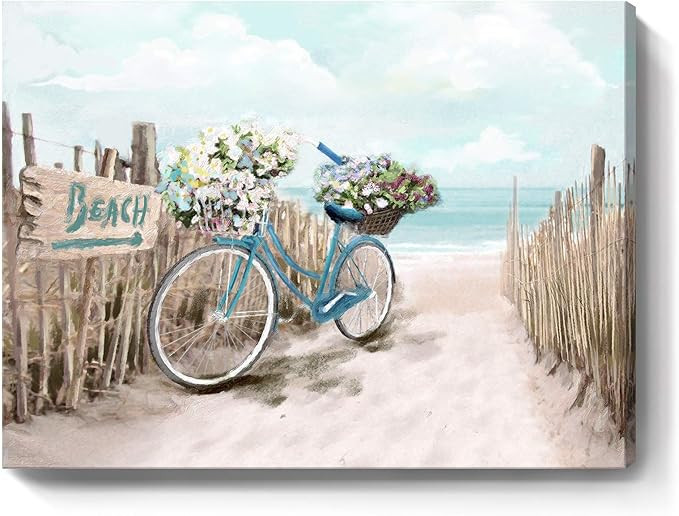 Beach Canvas Wall Art for Bathroom Wall Decor Ocean Pictures Seaside Bicycle Canvas Print Seascap... | Amazon (US)