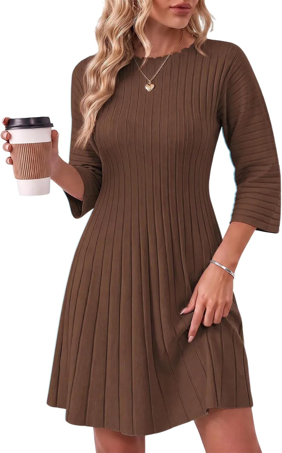 Imily Bela Womens Scalloped Trim 3/4 Sleeves Knit Flowy Mini Dresses | Amazon (US)