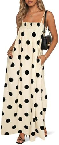 Wenrine Womens Summer Polka Dot Maxi Dress Casual Spaghetti Strap Smocked Loose Vacation Beach Dr... | Amazon (US)