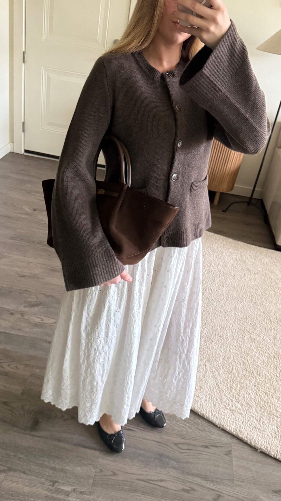 Cashmere Cardi and Poplin Skirt 🤎
#suede #brown #cardigan #cashmere #quince 

#LTKKids #LTKStyleTip #LTKBeauty