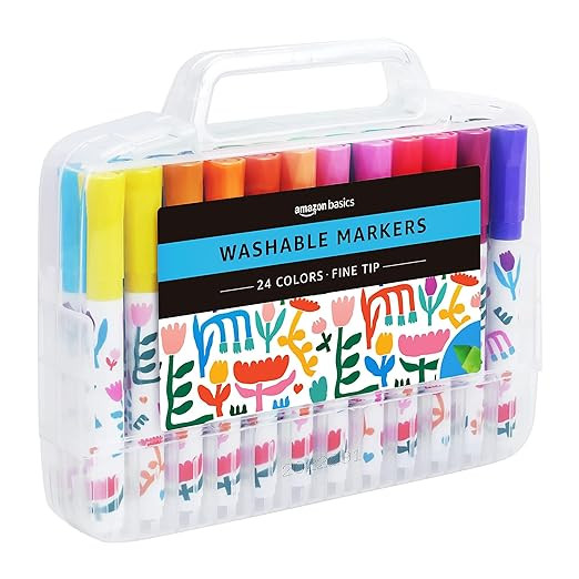 Amazon Basics Washable Markers for Kids, Fine Tip Assorted, Pack 24 | Amazon (US)