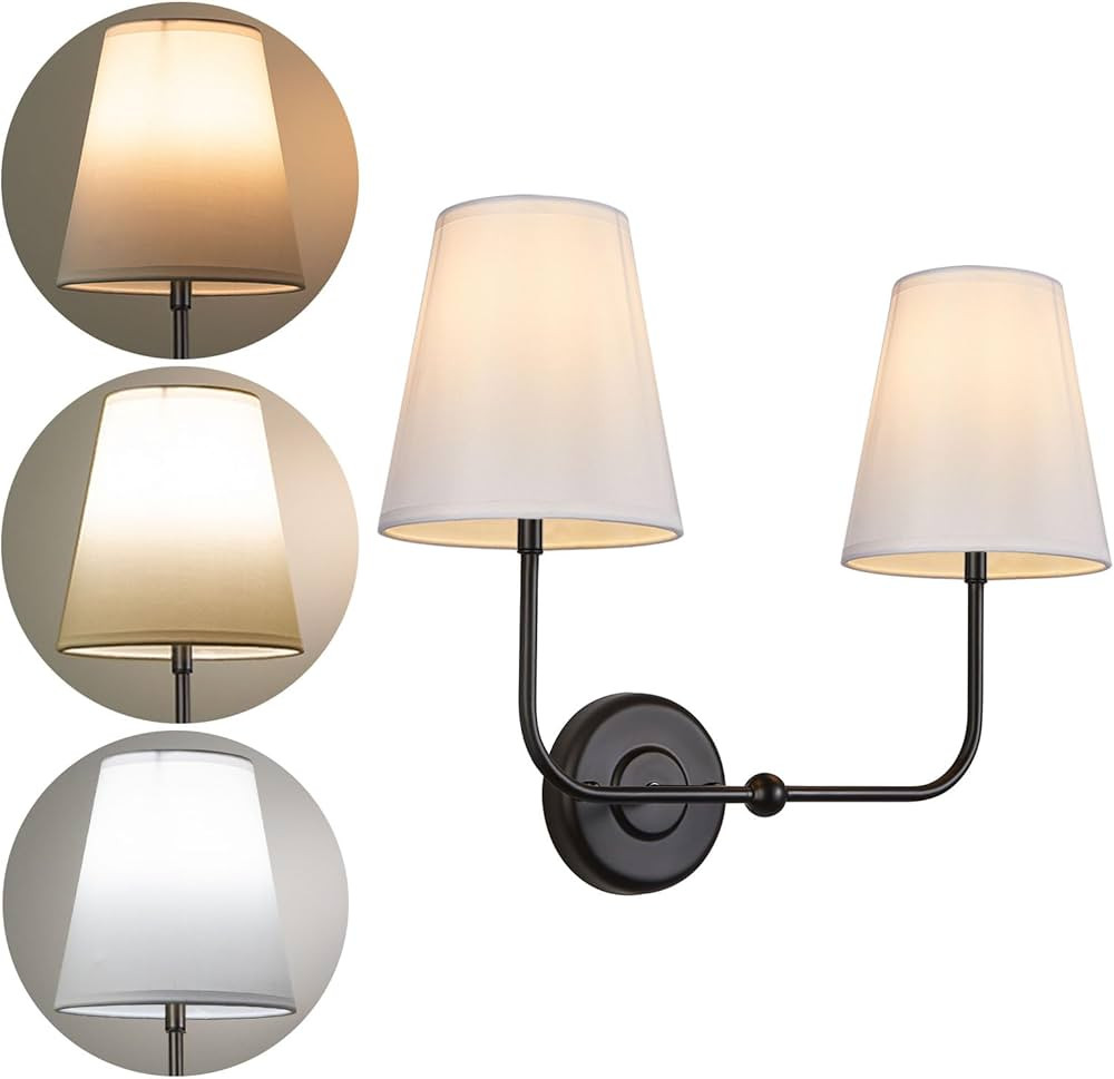 TERLEENART Battery Rechargeable Operated 3 Colors Dimmable Wall Sconce,Double Light with White Fa... | Amazon (US)