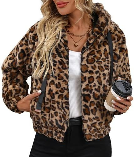 Women's Faux Fur Crop Coat Full Zip Fleece Sherpa Jacket with Hood | Amazon (US)