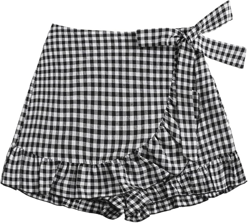 MakeMeChic Women's Plaid Gingham Elastic Waist Ruffle Trim Wrap Tie Side Summer Shorts | Amazon (US)